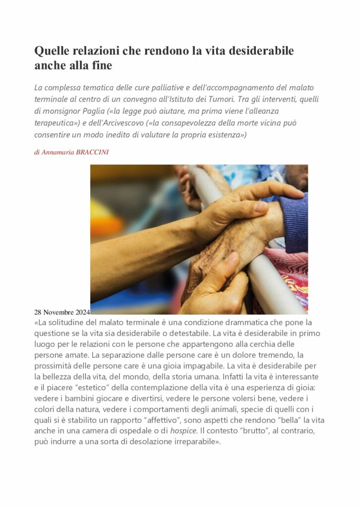 Braccini: Quelle relazioni che rendono la vita desiderabile anche alla fine