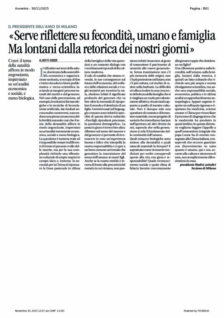 Alberto Cozzi: Serve riflettere su fecondità, umano e famiglia – Avvenire