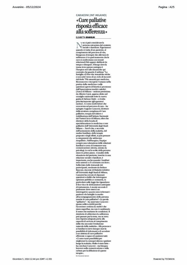 Gramolini:  «Cure pallative risposta efficace alla sofferenza» – Avvenire