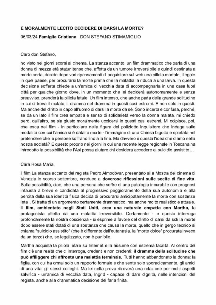 Don Stefano Stimamiglio: È MORALMENTE LECITO DECIDERE DI DARSI LA MORTE? – Famiglia Cristiana