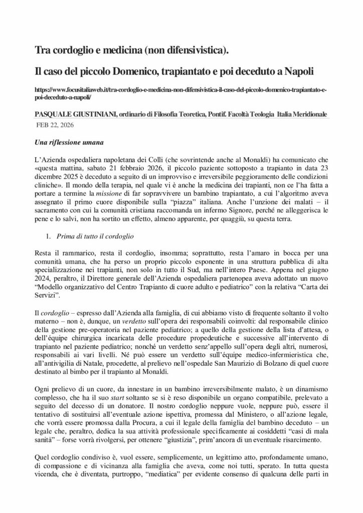 DOMENICO TRA CORDOGLIO E MEDICINA