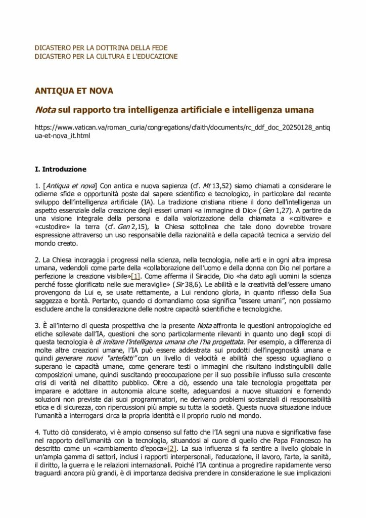 Dicastero per la dottrina della fede: Nota sul rapporto tra intelligenza artificiale e intelligenza umana – Città del Vaticano
