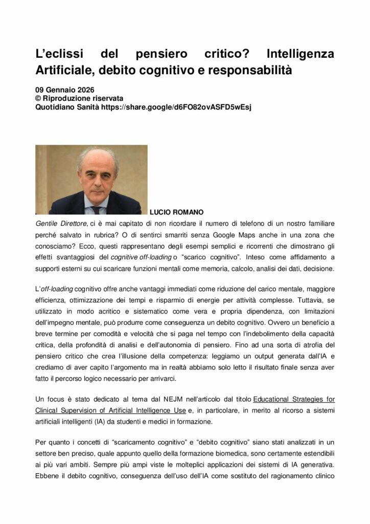 Romano: L’eclissi del pensiero critico? Intelligenza Artificiale, debito cognitivo e responsabilità – Quotidiano Sanità