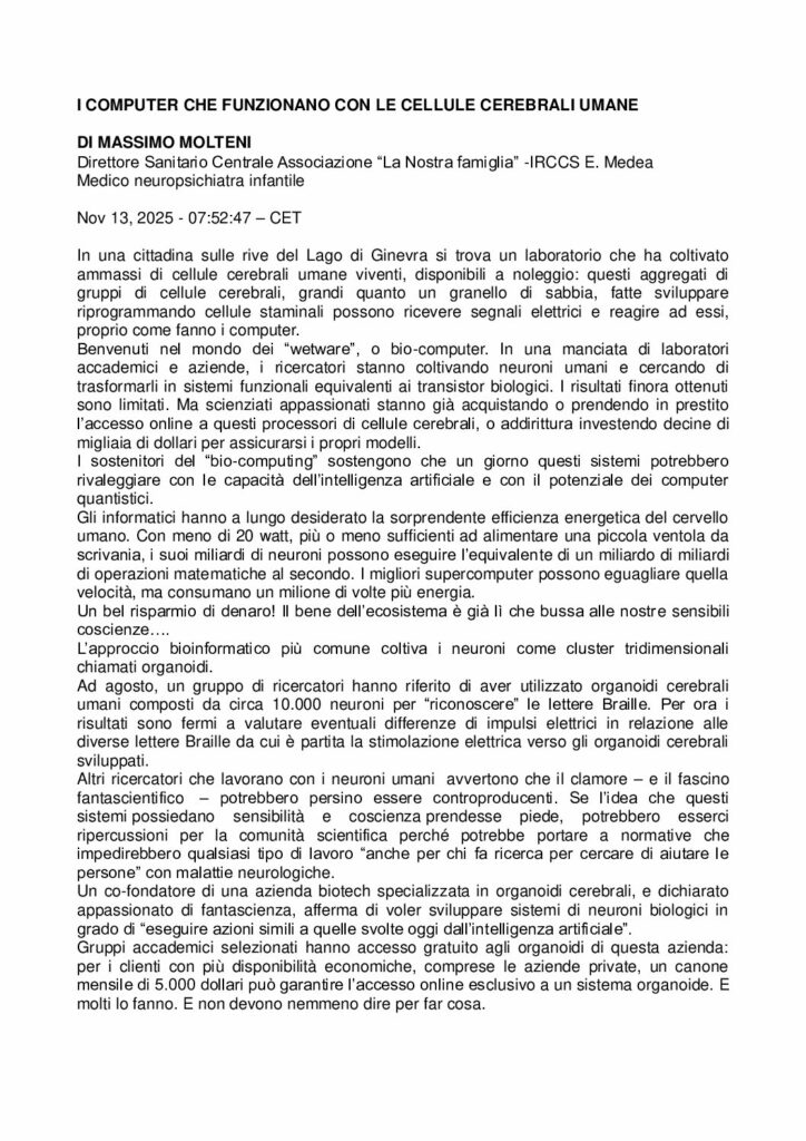 Molteni: I computer che funzionano con le cellule cerebrali umane