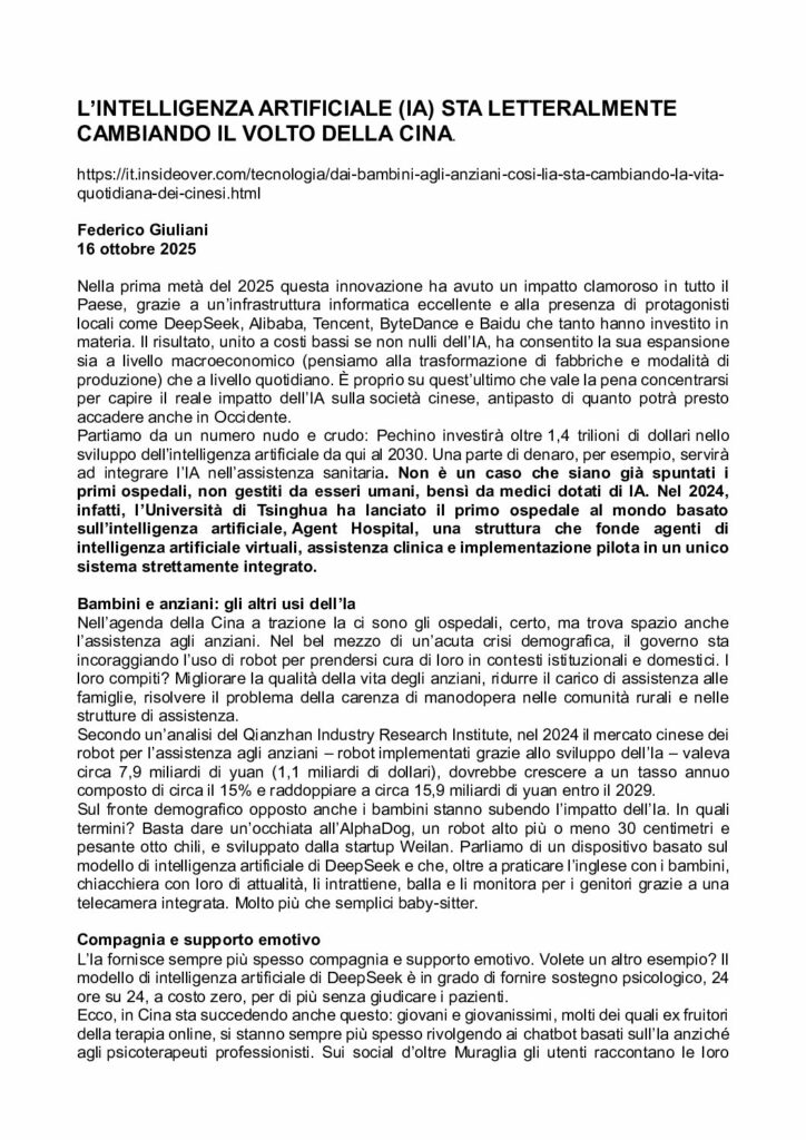 Giuliani: L’intelligenza artificiale (ia) sta letteralmente cambiando il volto della Cina – it.insideover.com