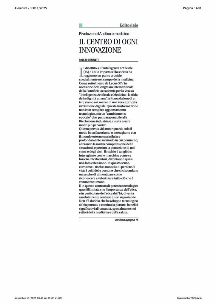 Benanti: Il centro di ogni innovazione – Avvenire