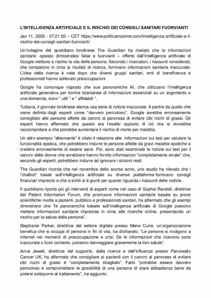 L’INTELLIGENZA ARTIFICIALE E IL RISCHIO DEI CONSIGLI SANITARI FUORVIANTI – politicainsieme.com