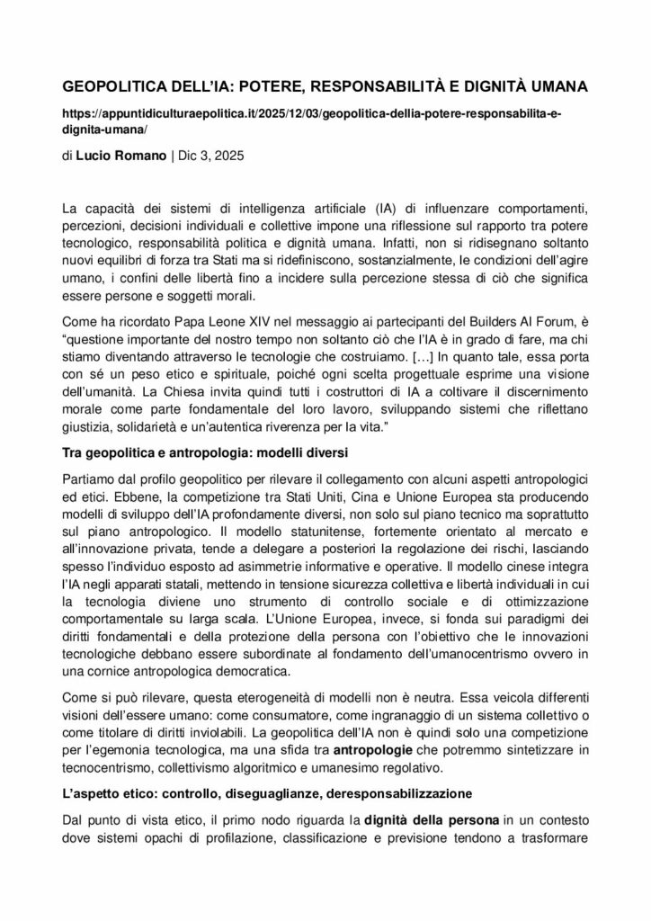 Romano: Geopolitica dell’ia: potere, responsabilità e dignità umana – appuntidiculturaepolitica.it
