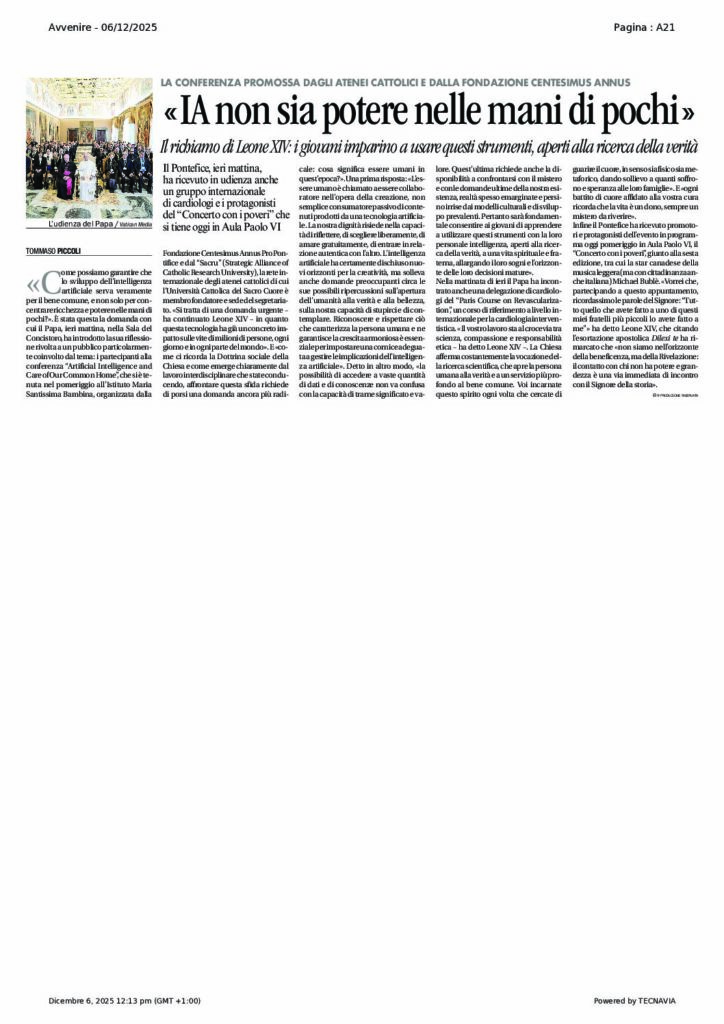 Piccoli: IA non sia potere nelle mani di pochi – Avvenire