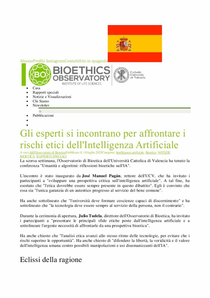 Bioethics Observatory: Gli esperti si incontrano per affrontare i rischi etici dell’Intelligenza Artificiale