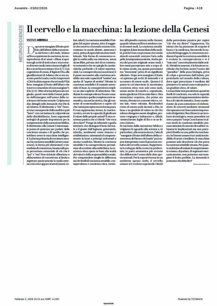 Ambriola: Il cervello e la macchina: la lezione della Genesi – Avvenire