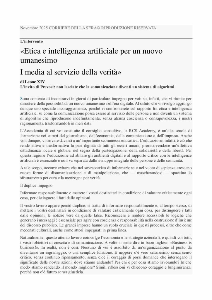 Leone XIV: Etica e intelligenza artificiale per un nuovo umanesimo – Corriere della sera