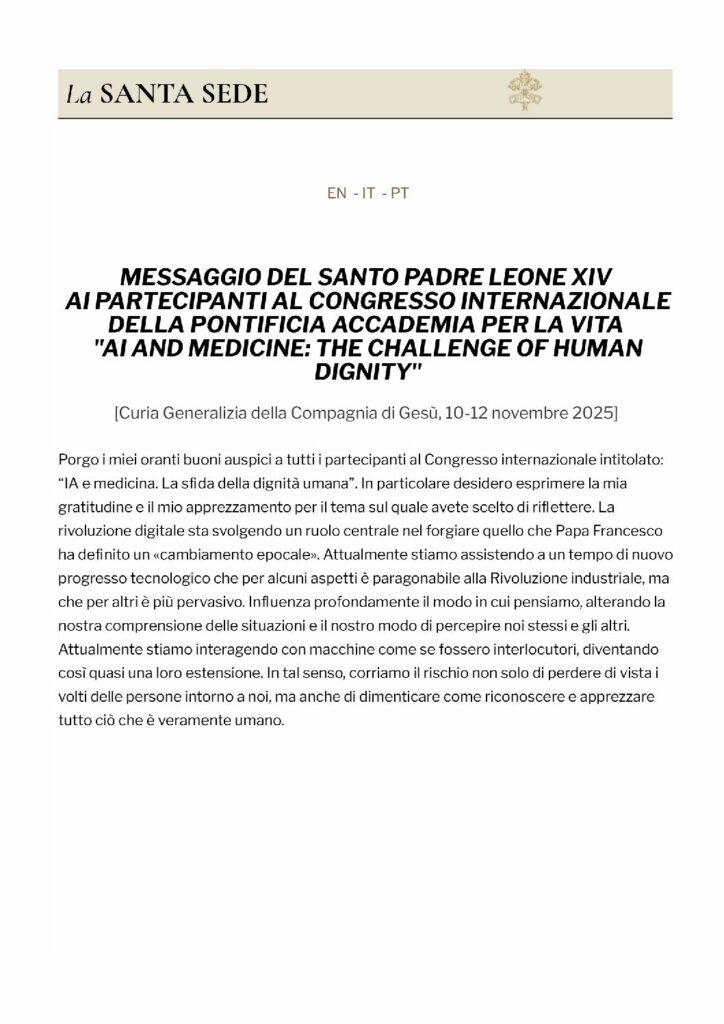 Leone XIV: AI and medicine: the challenge of human dignity – Libreria Editrice Vaticana