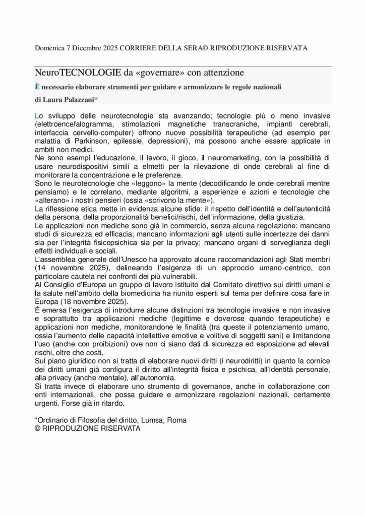 Palazzani: NeuroTECNOLOGIE da «governare» con attenzione – Corriere della sera
