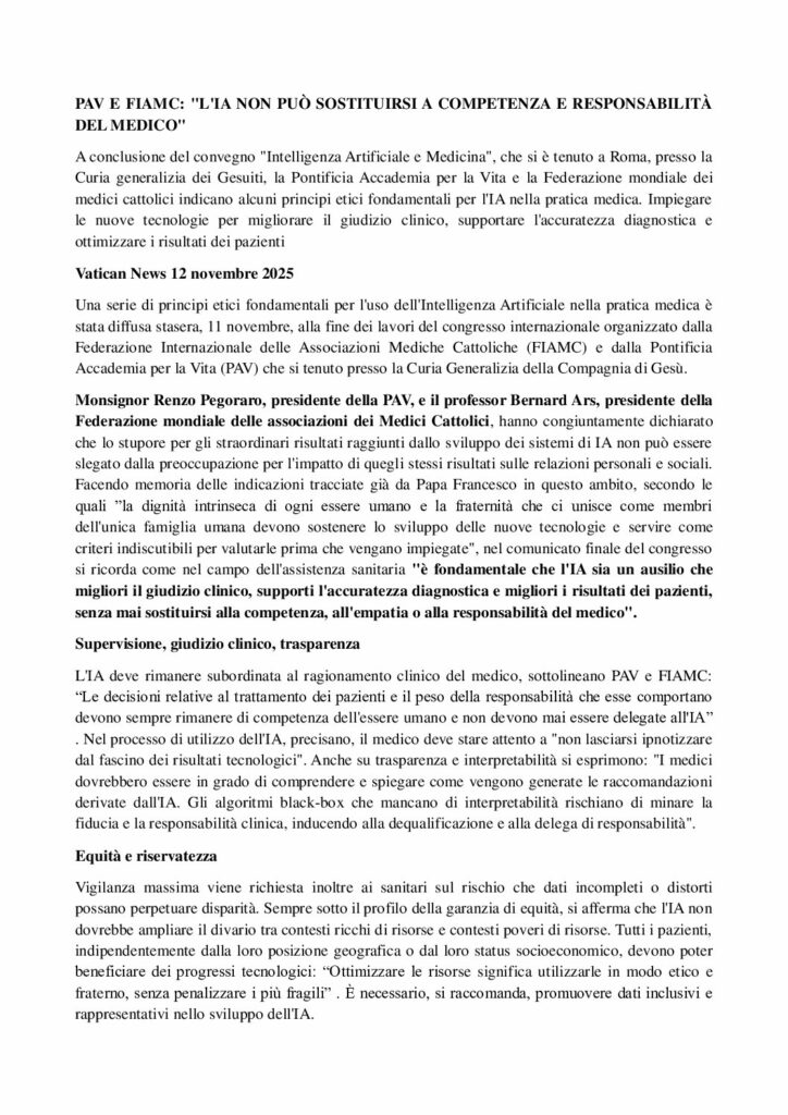 PAV E FIAMC: L’IA non può sostituirsi a competenza e responsabilità del medico