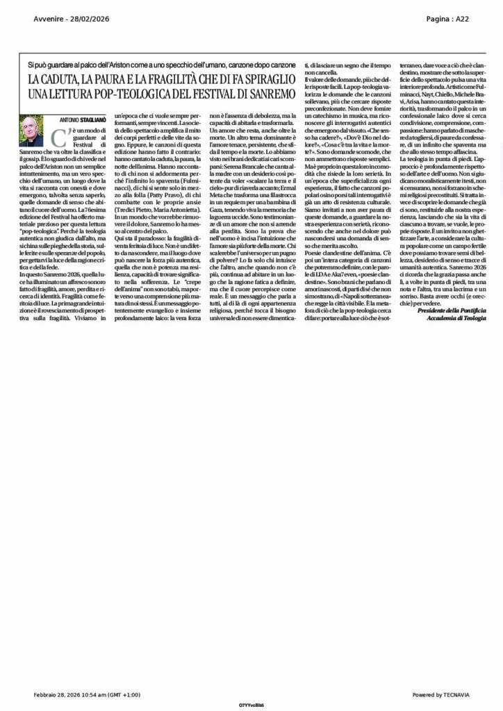 Staglianò: LA CADUTA, LA PAURA E LA FRAGILITÀ CHE DI FA SPIRAGLIO. UNA LETTURA POP-TEOLOGICA DEL FESTIVAL DI SANREMO – Avvenire