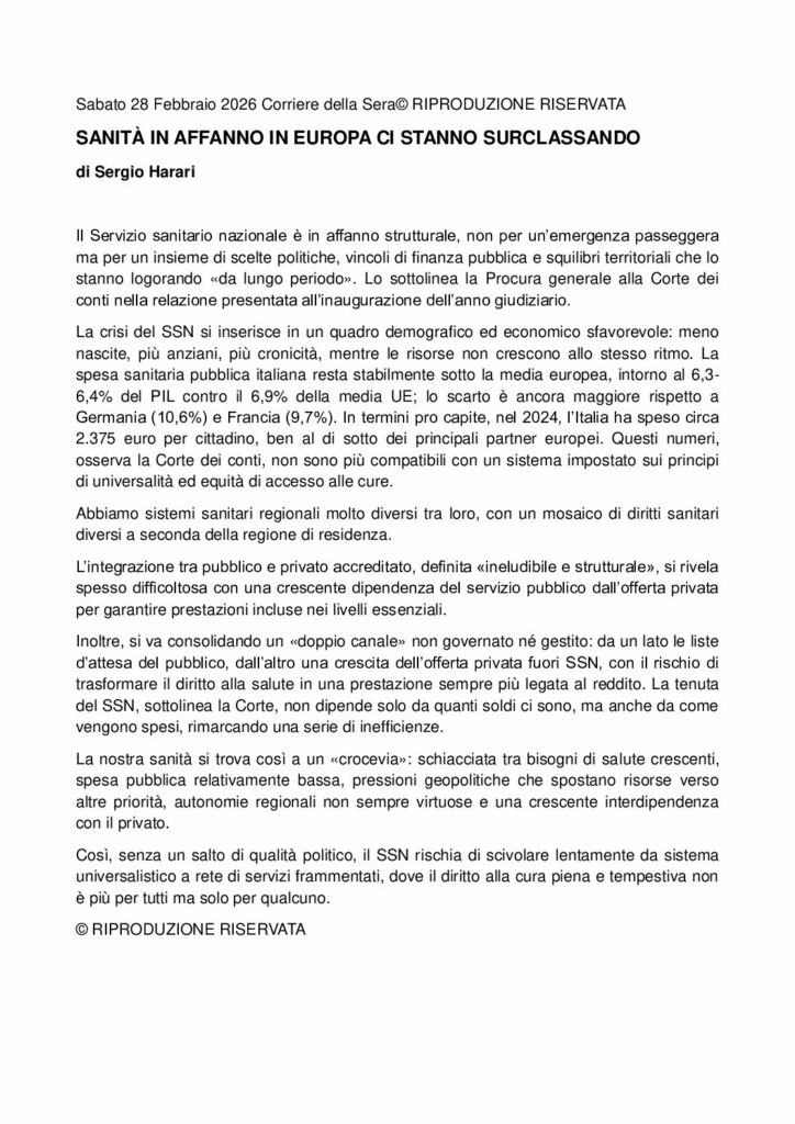 Harari: SANITÀ IN AFFANNO IN EUROPA CI STANNO SURCLASSANDO – Corriere della Sera