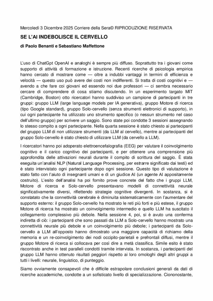Benanti, Maffettone: Se l’AI indebolisce il cervello – Corriere della sera