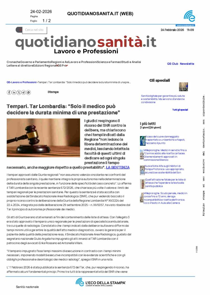 Fassari: Tempari. Tar Lombardia: “Solo il medico può decidere la durata minima di una prestazione” – quotidianosanita.it