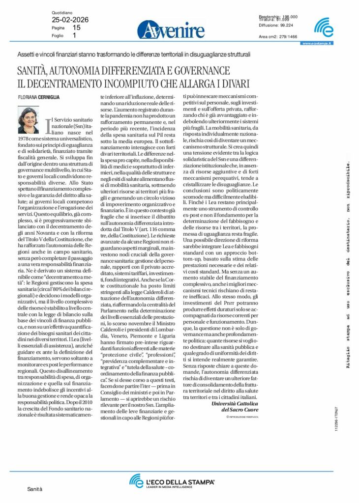 Cerniglia: SANITÀ, AUTONOMIA DIFFERENZIATA E GOVERNANCE. IL DECENTRAMENTO INCOMPIUTO CHE ALLARGA I DIVARI – Avvenire