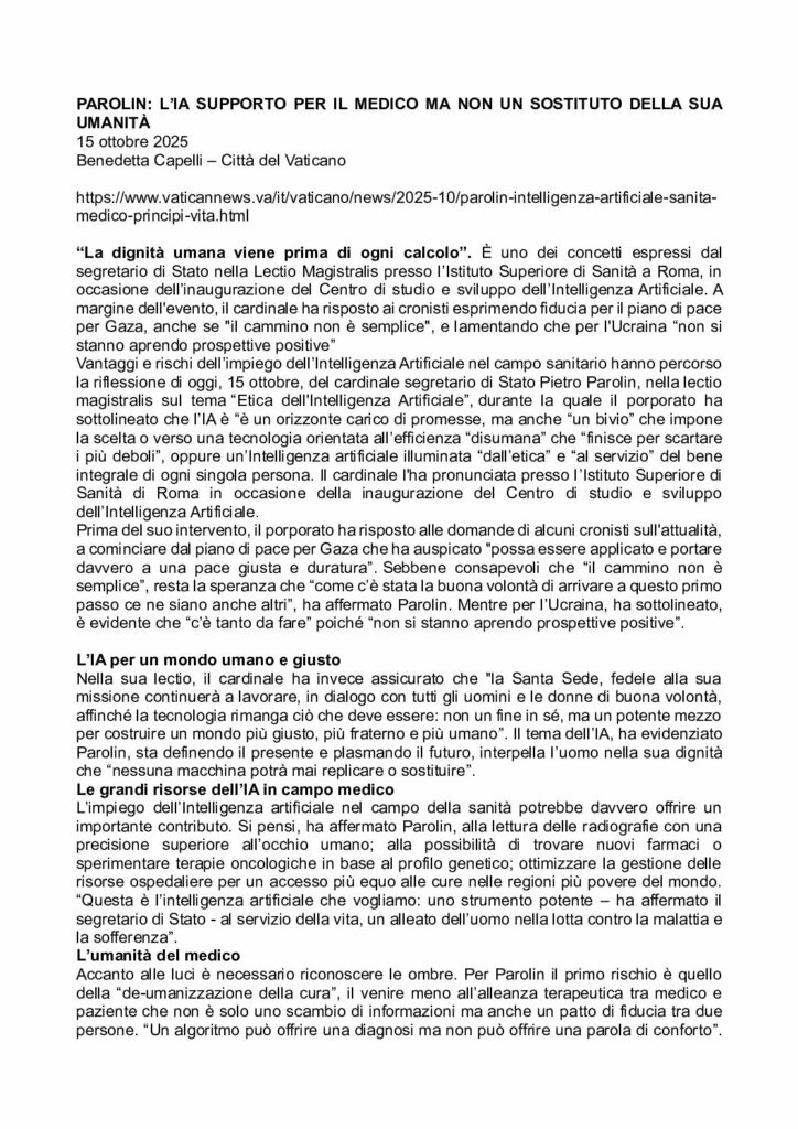 Capelli: Parolin – l’IA supporto per il medico ma non un sostituto della sua umanità – Città del Vaticano