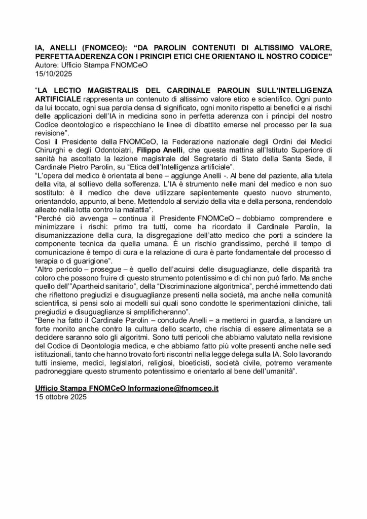 Anelli: “Da Parolin contenuti di altissimo valore, perfetta aderenza con i principi etici che orientano il nostro codice” – Ufficio Stampa FNOMCeO