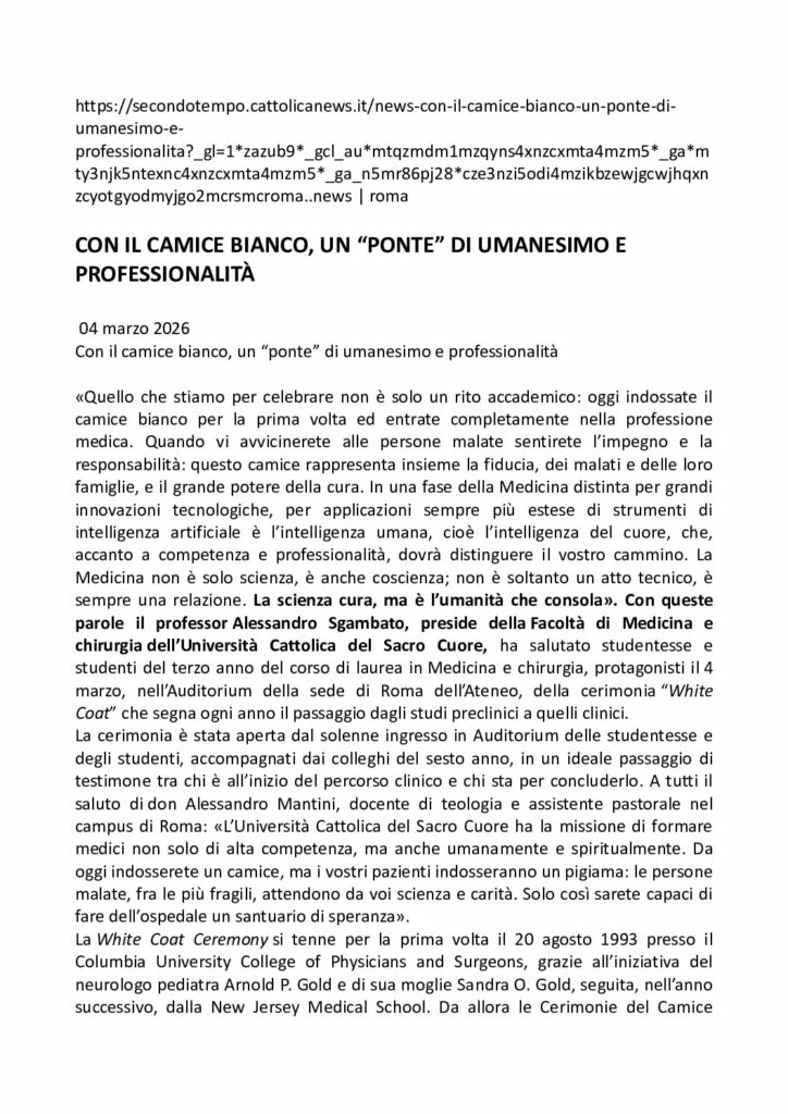 CON IL CAMICE BIANCO, UN “PONTE” DI UMANESIMO E PROFESSIONALITÀ – secondotempo.cattolicanews.it