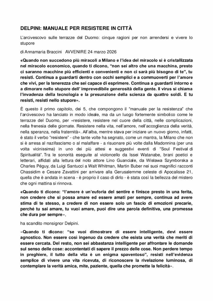 Braccini : DELPINI: MANUALE PER RESISTERE IN CITTÀ – Avvenire