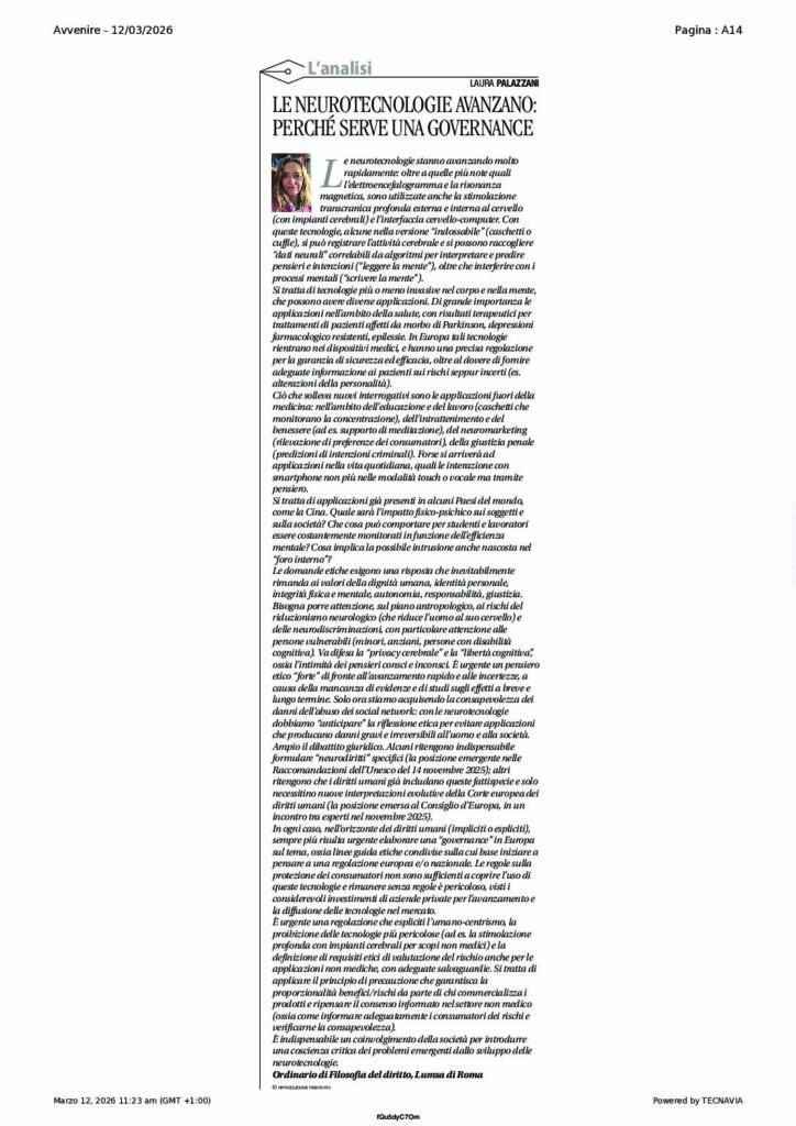 Palazzani: LE NEUROTECNOLOGIE AVANZANO: PERCHÉ SERVE UNA GOVERNANCE – Avvenire