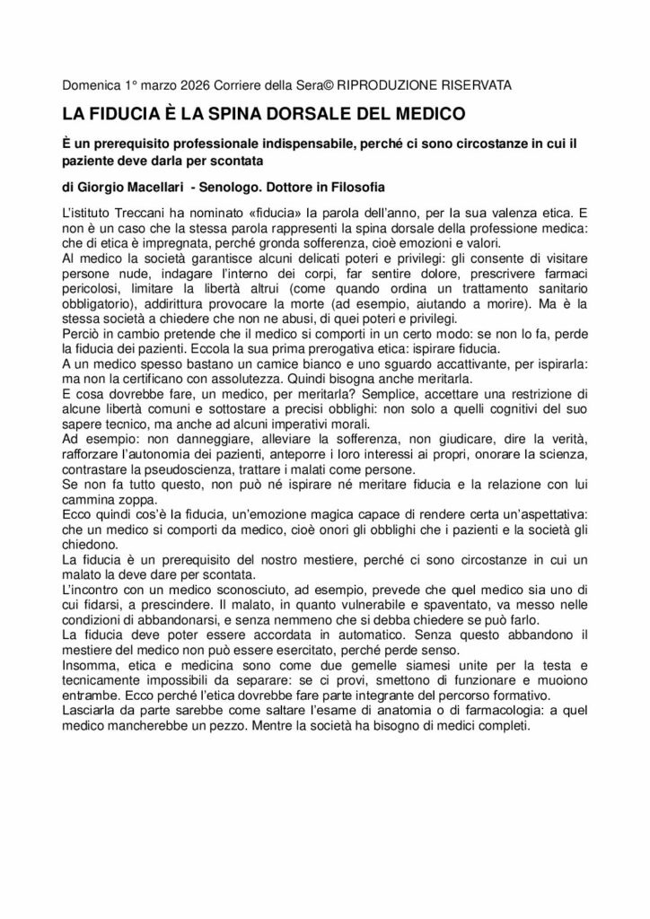 Macellari: LA FIDUCIA È LA SPINA DORSALE DEL MEDICO – Corriere della Sera