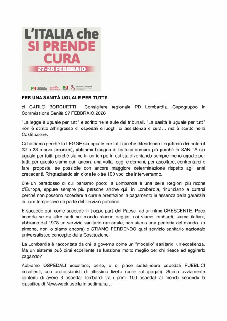 Borghetti: PER UNA SANITÀ UGUALE PER TUTTI!