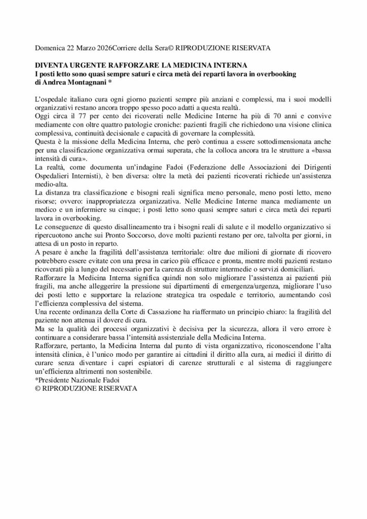 Montagnani: DIVENTA URGENTE RAFFORZARE LA MEDICINA INTERNA – Corriere della Sera