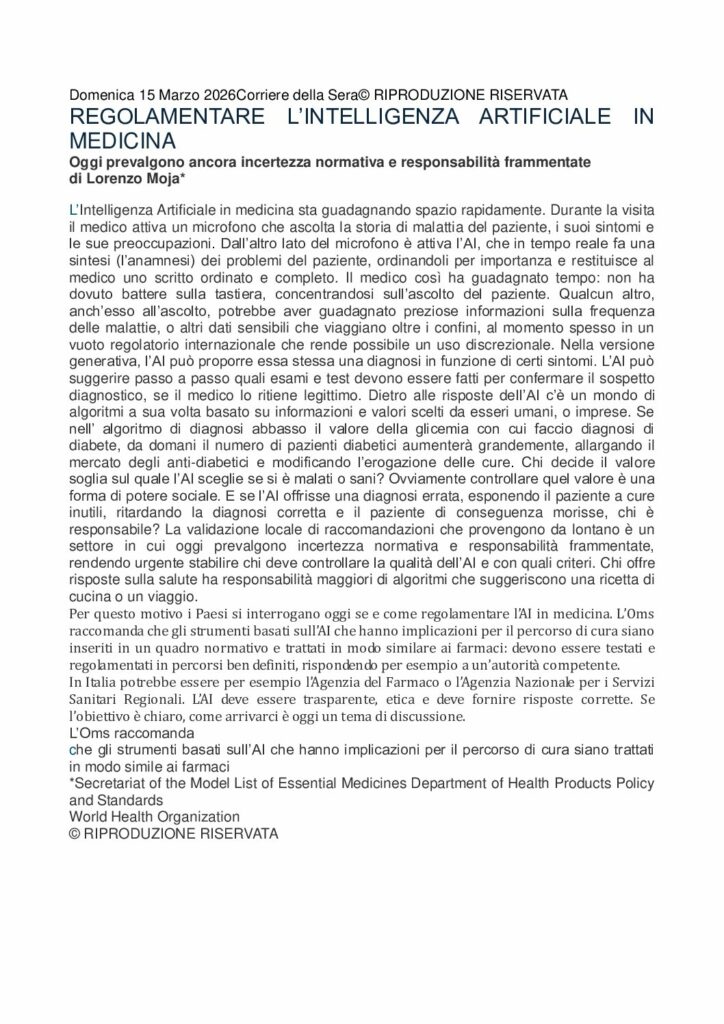 Moja: REGOLAMENTARE L’INTELLIGENZA ARTIFICIALE IN MEDICINA – Corriere della Sera