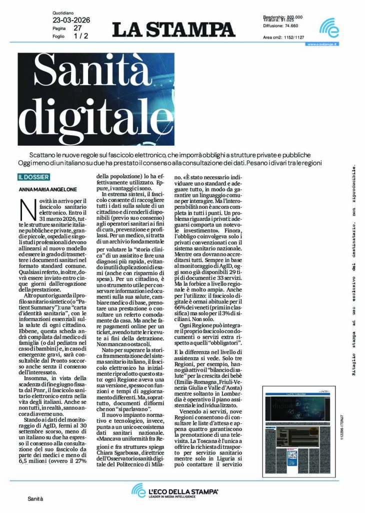 Angelone: SANITA’ DIGITALE – La Stampa