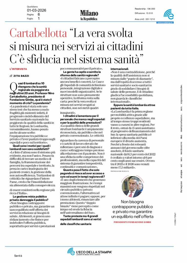 Dazzi: Cartabellotta “La vera svolta si misura nei servizi ai cittadini C’è sfiducia nel sistema sanità” – La Repubblica