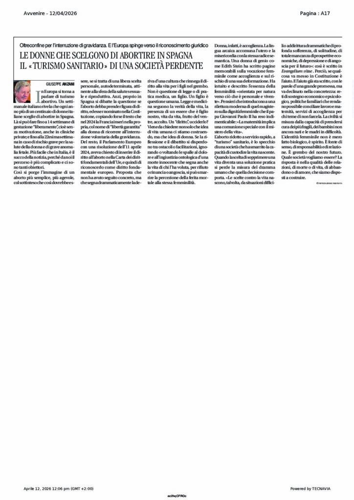 Anzani: LE DONNE CHE SCELGONO DI ABORTIRE IN SPAGNA – IL «TURISMO SANITARIO» DI UNA SOCIETÀ PERDENTE  – Avvenire