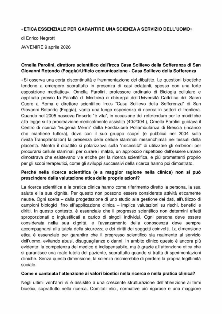 Negrotti: «ETICA ESSENZIALE PER GARANTIRE UNA SCIENZA A SERVIZIO DELL’UOMO» – Avvenire