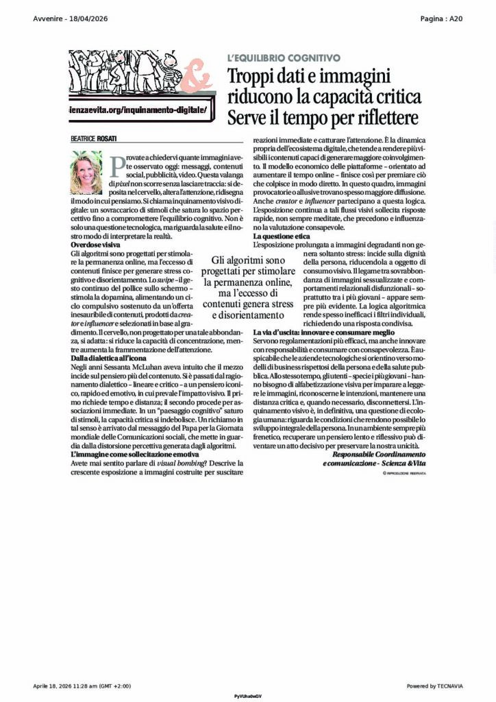 Rosati: Troppi dati e immagini riducono la capacità critica Serve il tempo per riflettere – Avvenire