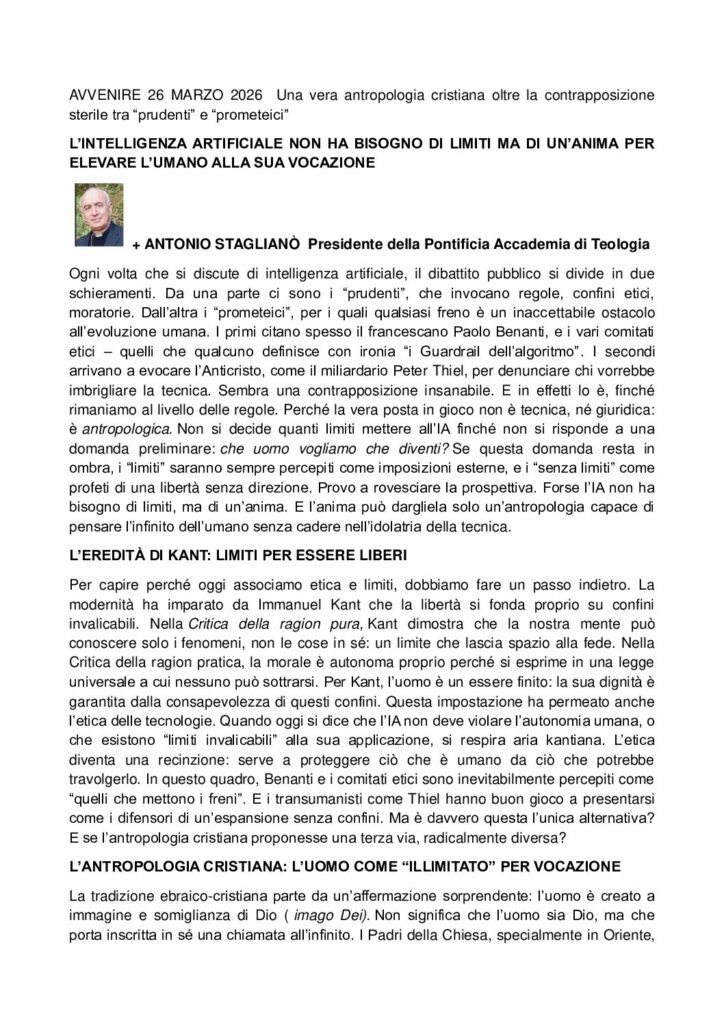 Staglianò: L’INTELLIGENZA ARTIFICIALE NON HA BISOGNO DI LIMITI MA DI UN’ANIMA PER ELEVARE L’UMANO ALLA SUA VOCAZIONE – Avvenire