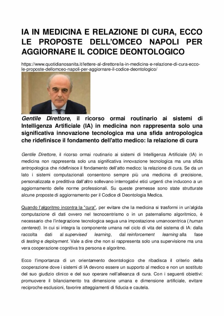 Romano: IA IN MEDICINA E RELAZIONE DI CURA, ECCO LE PROPOSTE DELL’OMCEO NAPOLI PER AGGIORNARE IL CODICE DEONTOLOGICO – quotidianosanita.it