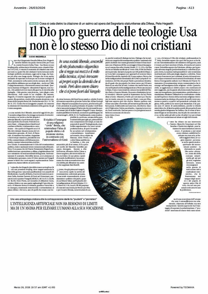 Mazzarella: Il Dio pro guerra delle teologie Usa non è lo stesso Dio di noi cristiani – Avvenire