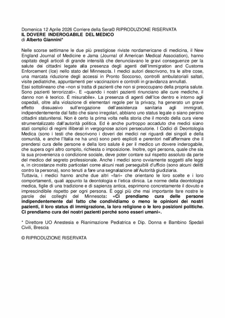 Giannini: IL DOVERE INDEROGABILE DEL MEDICO – Corriere della Sera