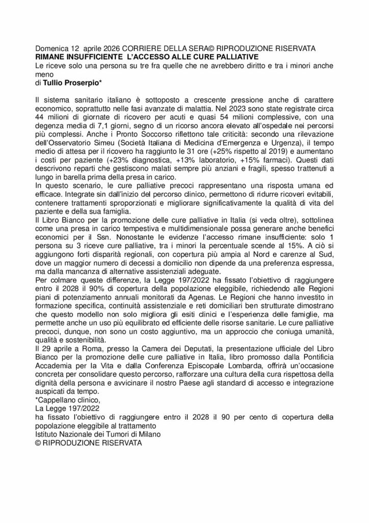 Proserpio: RIMANE INSUFFICIENTE L’ACCESSO ALLE CURE PALLIATIVE – Corriere della Sera