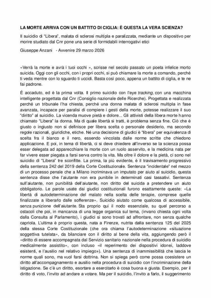 Anzani: LA MORTE ARRIVA CON UN BATTITO DI CIGLIA: È QUESTA LA VERA SCIENZA? – Avvenire