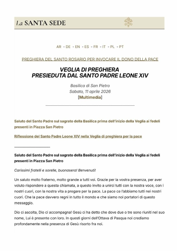 Leone XIV: Preghiera del Santo Rosario per invocare il dono della pace – Libreria Editrice Vaticana
