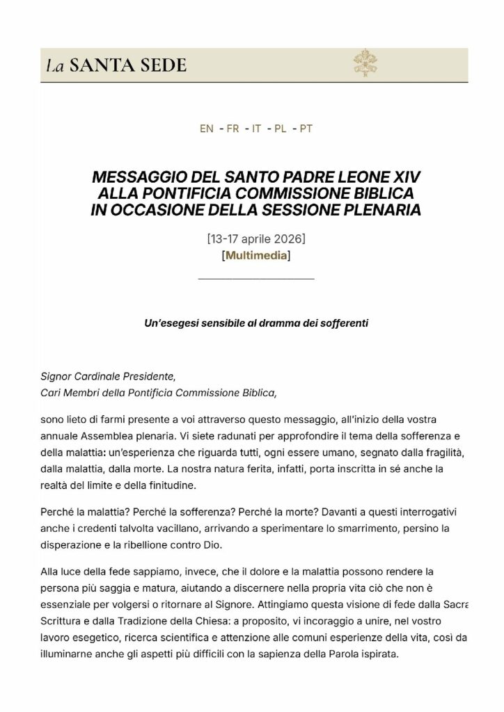 SANTO PADRE LEONE XIV: Un’esegesi sensibile al dramma dei sofferenti – Libreria Editrice Vaticana