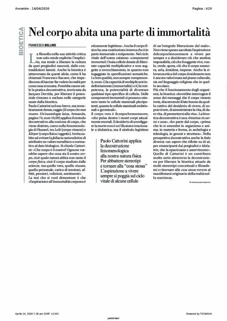 Bellino: Nel corpo abita una parte di immortalità – Avvenire