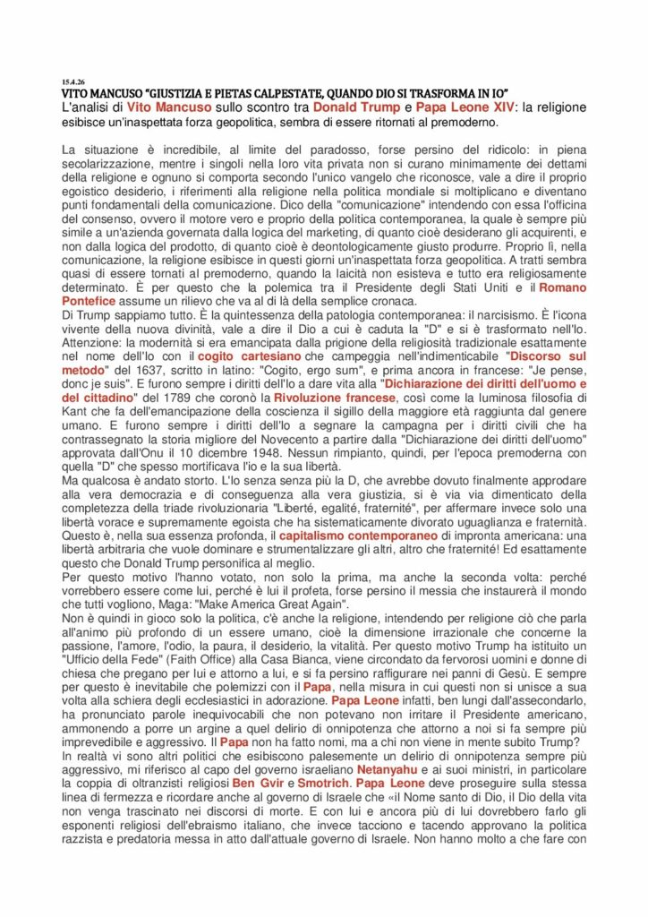 Mancuso: “GIUSTIZIA E PIETAS CALPESTATE, QUANDO DIO SI TRASFORMA IN IO” – La Stampa