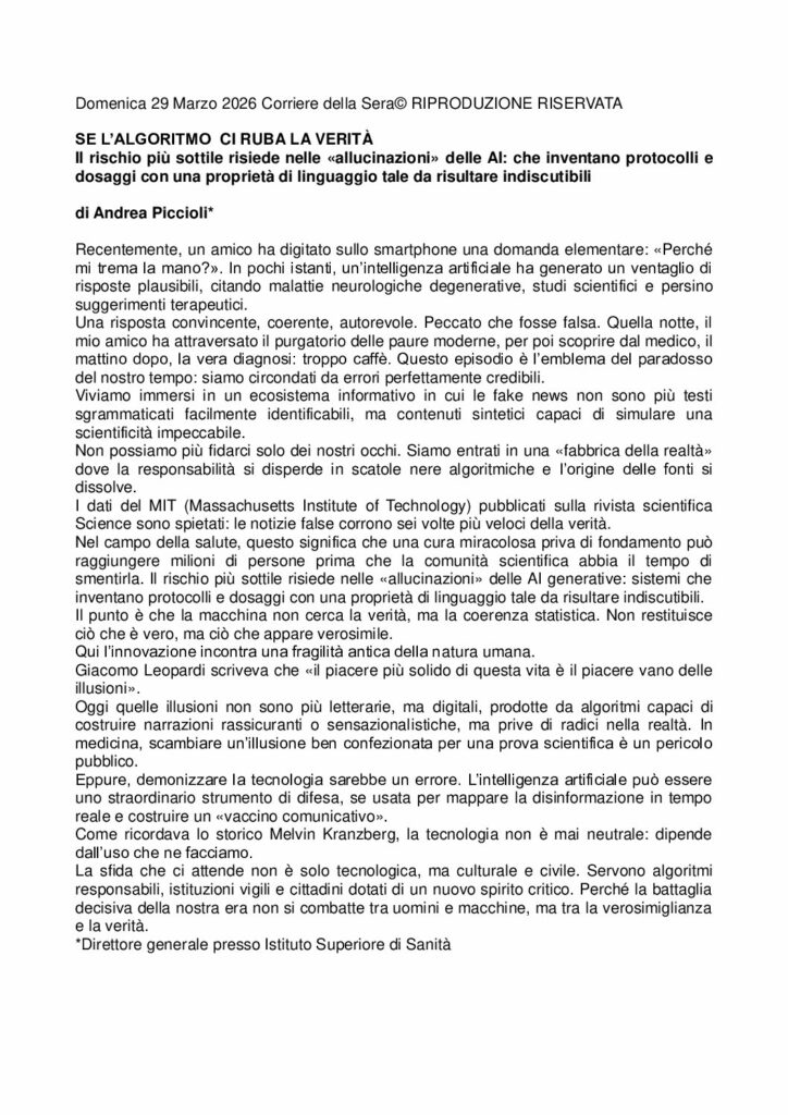 Piccioli: SE L’ALGORITMO CI RUBA LA VERITÀ – Corriere della Sera
