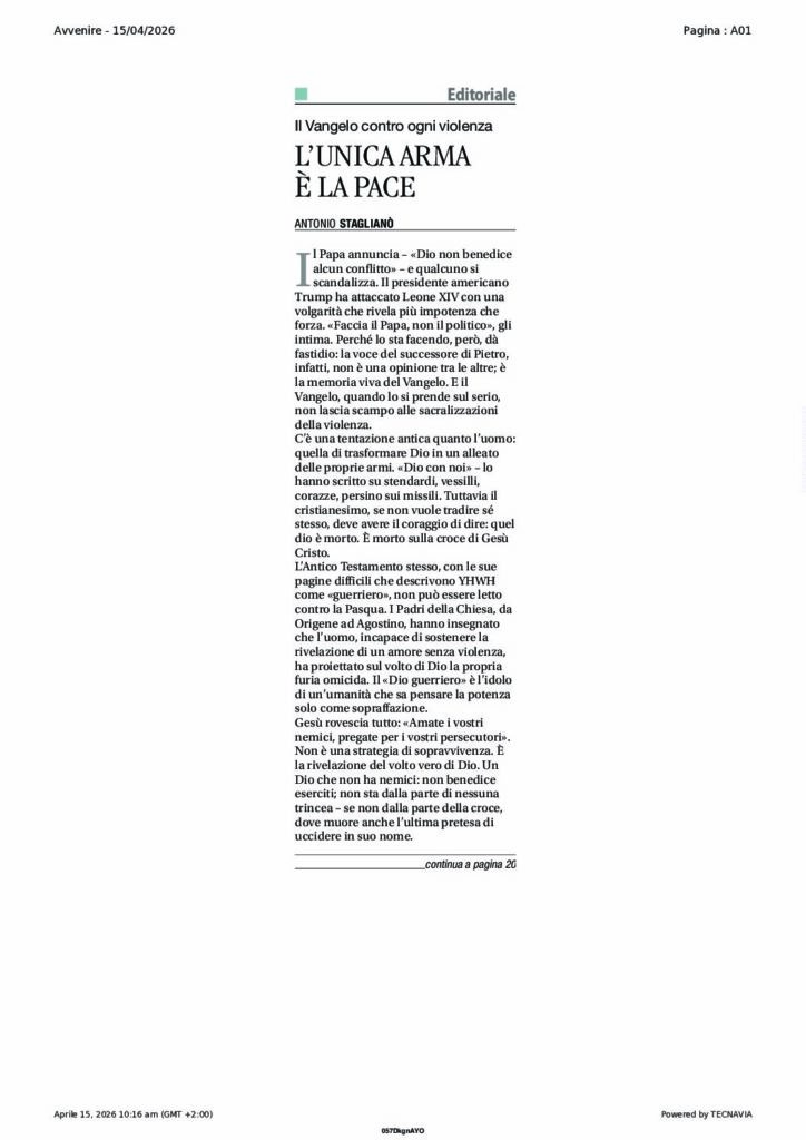 Staglianò: L’UNICA ARMA È LA PACE – Avvenire